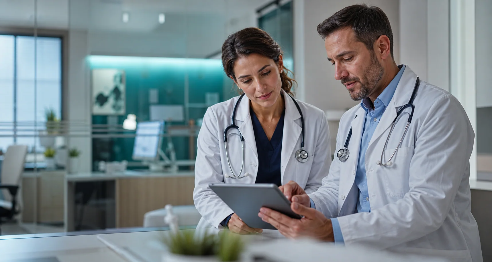 Dos profesionales médicos revisan juntos información clínica en una tableta